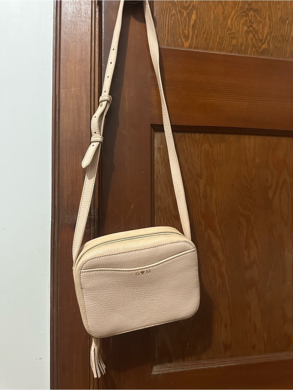 Cuyana Cream Leather Crossbody Bag with Tassel